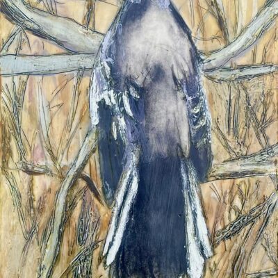 Mockingbird, back, encaustic by Marcie Wolf-Hubbard