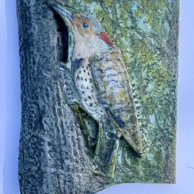 Northern Flicker with Tree, bas relief by Marcie Wolf-Hubbard