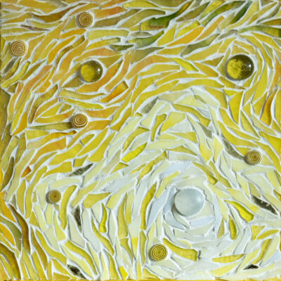 Yellow glass, and grout on wood